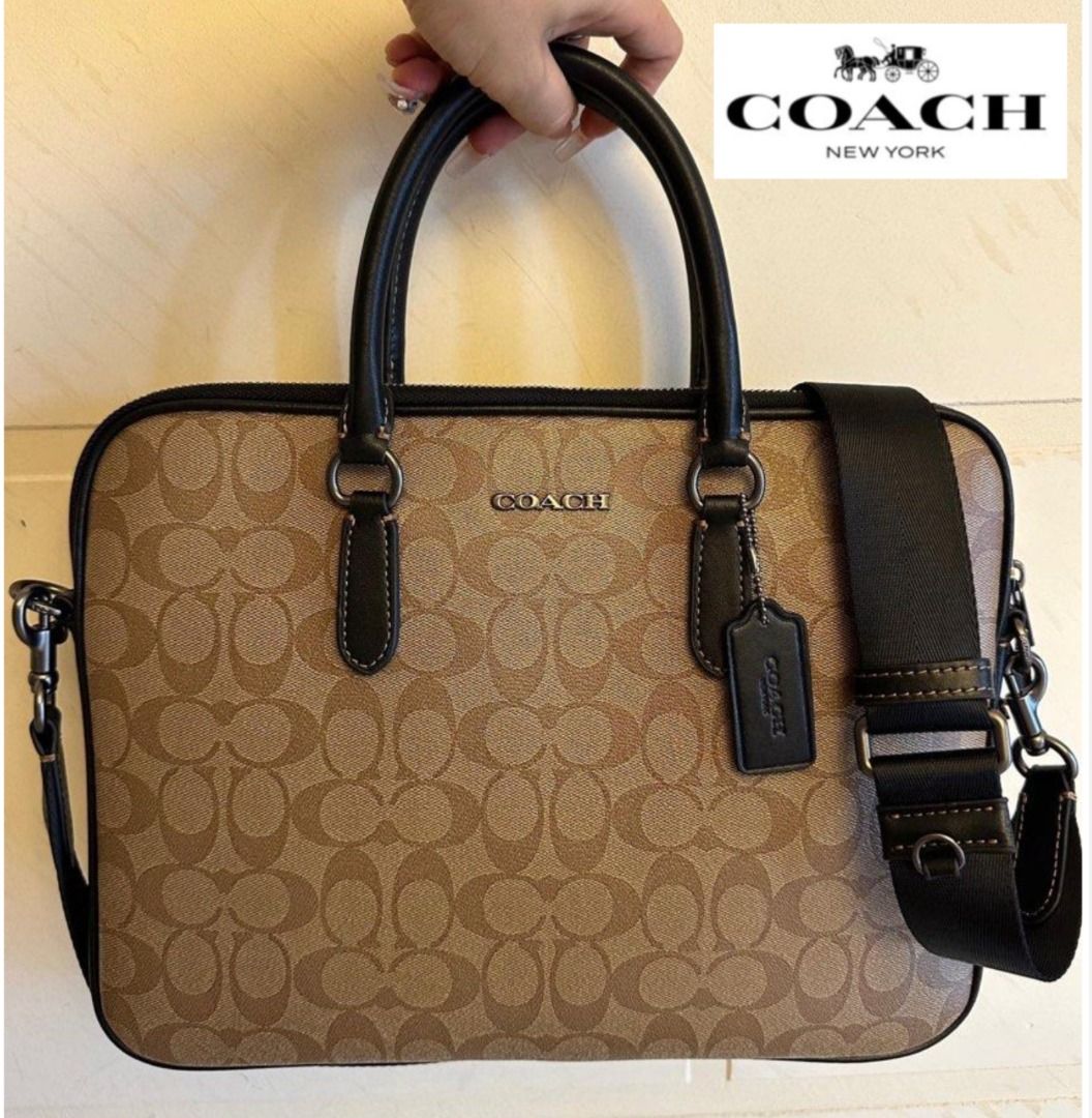 Coach Black Signature Canvas and Leather Slim Laptop Bag