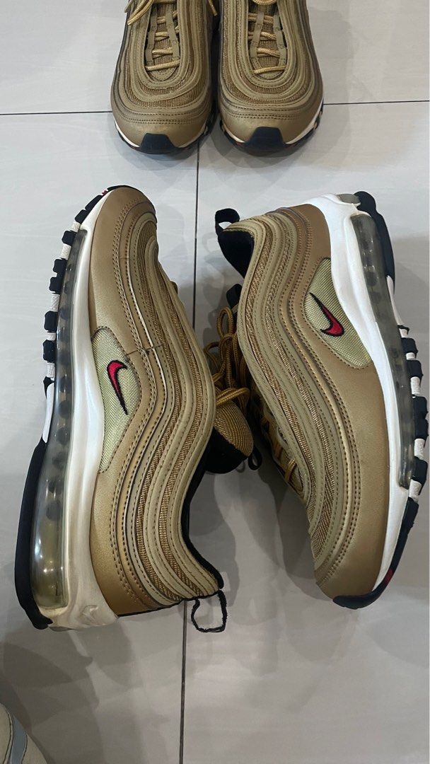 Nike Airmax 97 OG Gold Bullet (2017/2018) (Category: Sneakers) located in Antipolo. Submitted by patsconcep (Listing ID 1239010198, Image 2). Description: His & Hers Nike Airmax 97 Gold Bullet from the 2017/2018 release 100% authentic, both purchased from nike online store in malaysia Men’s US 9.5 - 3,000 php Lightly used, no issues, needs light cleaning Women’s US 8 - 3,000 php Lightly used, yellowing of midsole, foggy airmax bubble (nothing a b