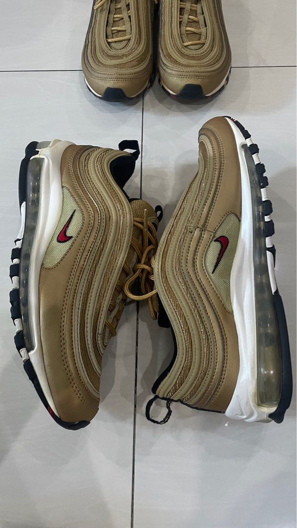 Nike Airmax 97 OG Gold Bullet (2017/2018) (Category: Sneakers) located in Antipolo. Submitted by patsconcep (Listing ID 1239010198, Image 3). Description: His & Hers Nike Airmax 97 Gold Bullet from the 2017/2018 release 100% authentic, both purchased from nike online store in malaysia Men’s US 9.5 - 3,000 php Lightly used, no issues, needs light cleaning Women’s US 8 - 3,000 php Lightly used, yellowing of midsole, foggy airmax bubble (nothing a b
