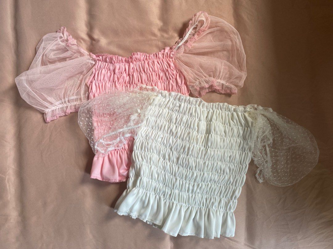 Pink and white mesh puff sleeve top Women s Fashion Tops Others Tops on Carousell
