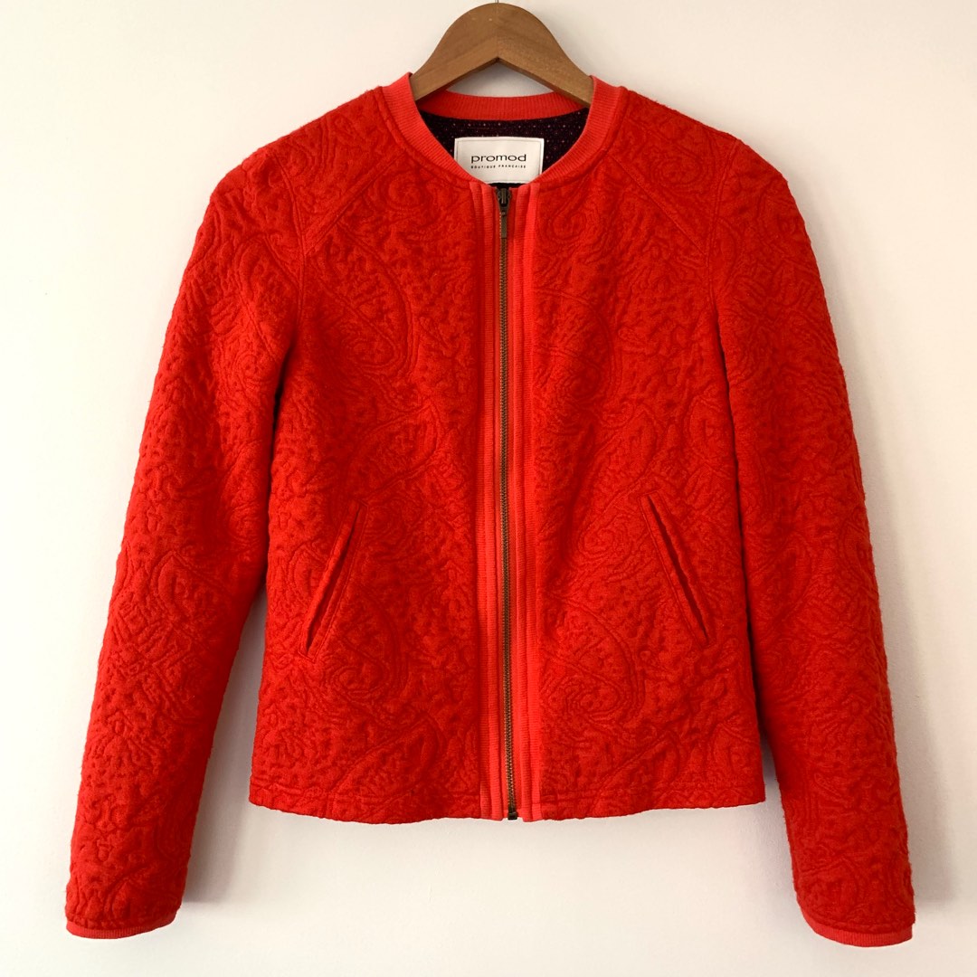 PROMOD Embossed Quilted Red Orange Bomber Jacket, Women's Fashion