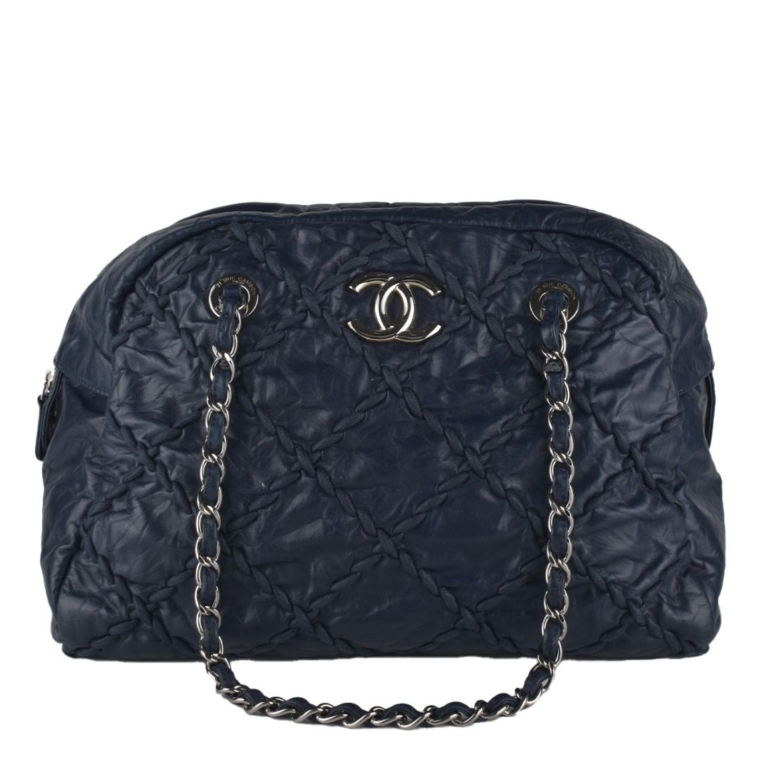 Quilted Crinkled Leather Ultra Stitch Bowling Bag in Navy Blue