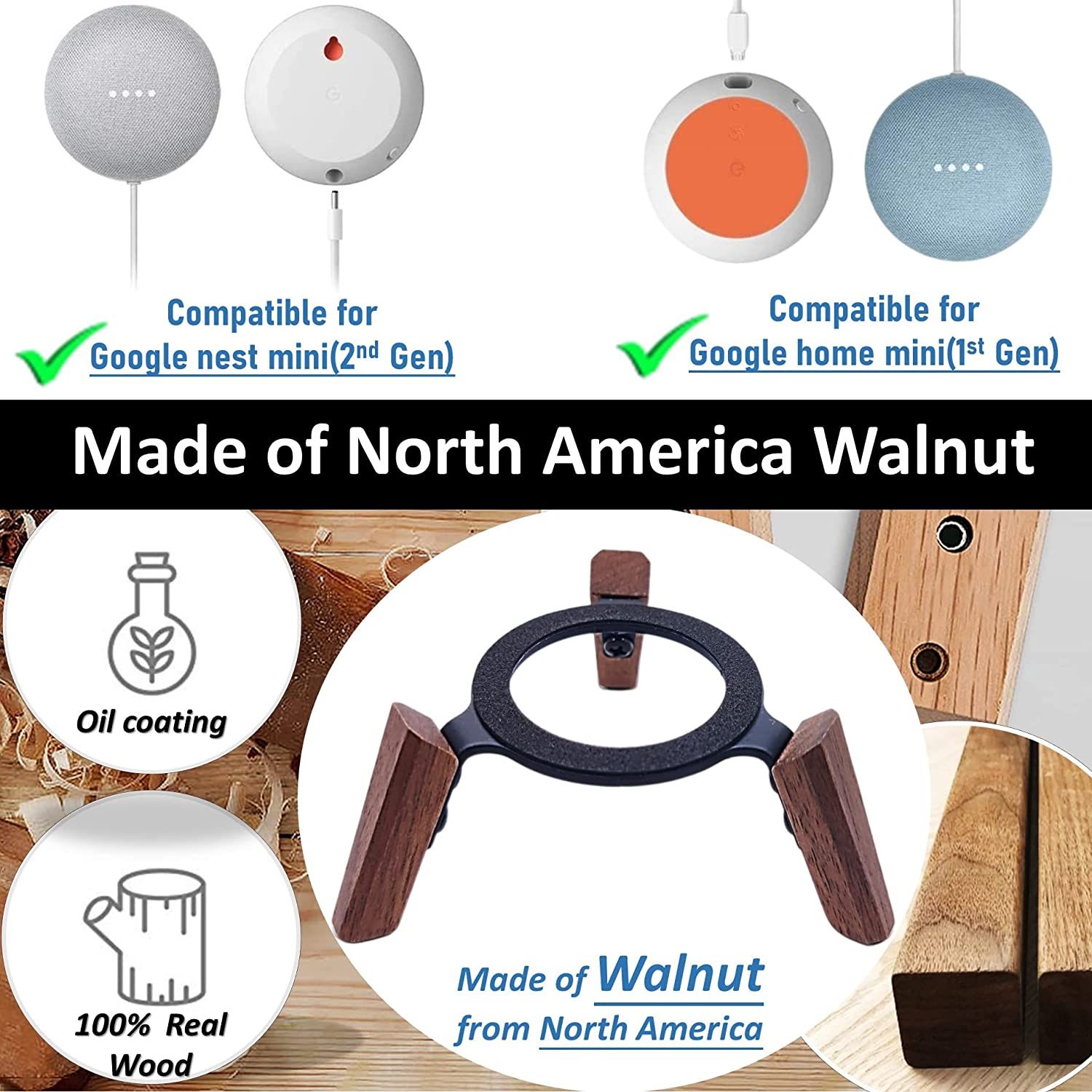 Real Wood Holder for Google Home Mini nest Mini 2nd gen Small Secure Tripod Accessories for Speaker Better Sound Sturdy Durable Stable Wooden Stand