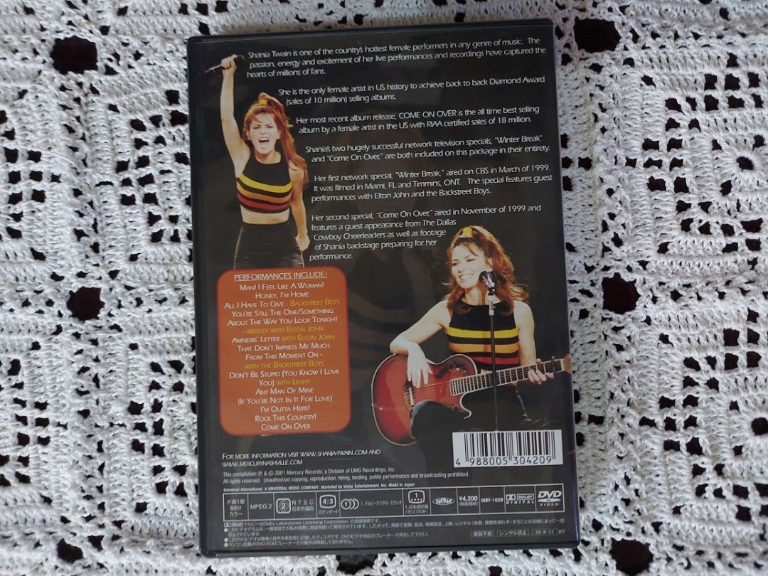 Shania Twain Speacials DVD (unsealed) (Category: CDs & DVDs) located in Dangcagan. Submitted by cd_haven5 (Listing ID 1238987787, Image 2). Description: Shania Twain Speacials DVD - JP w/ obi - M - 1200 #Authentic #Legit #Original We only sell original items. All items posted are on hand. Please message me for availability of the item/s because the items are also posted on my other online stores. All items are imported unless stated PH. Please be