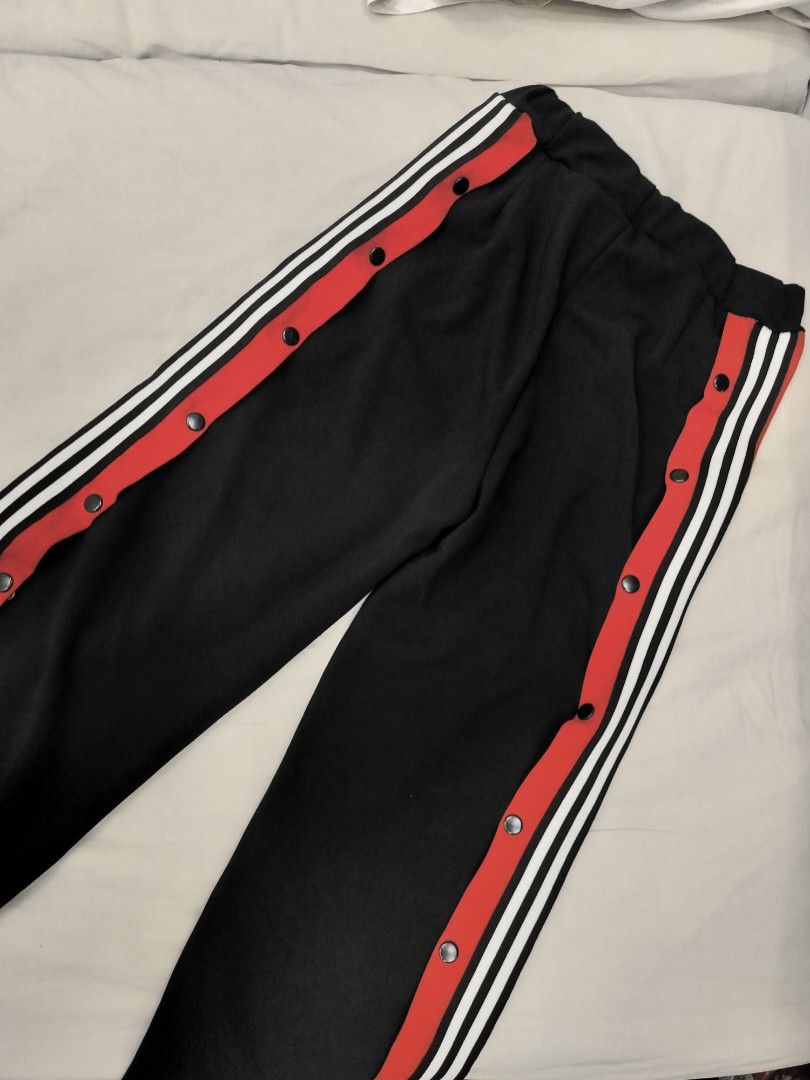 side snap button down slit black adjustable track pants popper