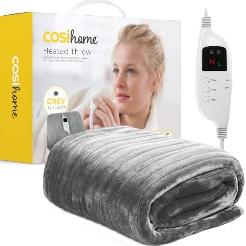 Cosi Home Heated Throw Electric Blanket Extra Large Heated Blanket Machine Washable Fleece with Digital Remote Timer and 9 Heat Settings Grey