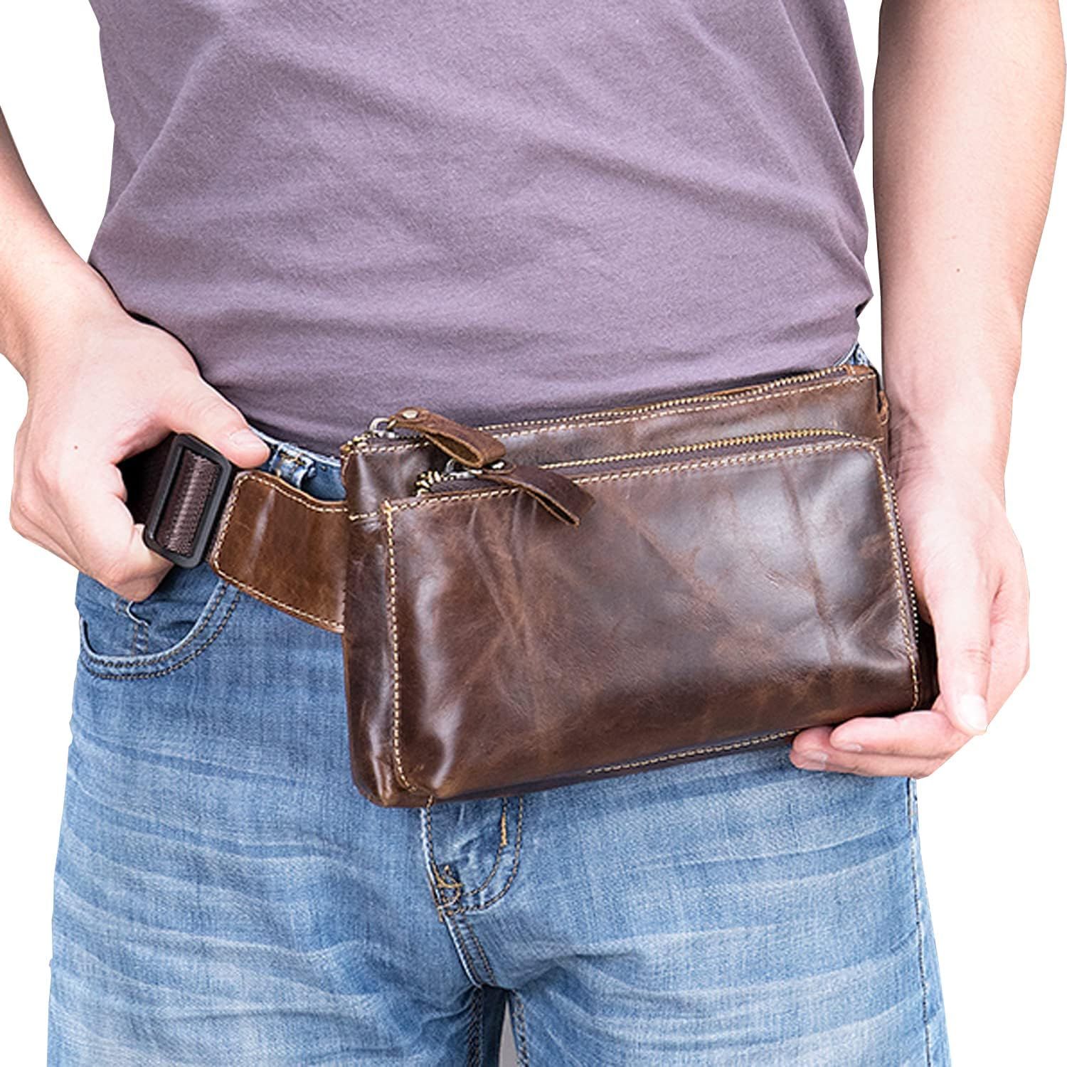 Vintage Leather Fanny Pack Waist Bag for Men Women Travel Hiking Running Hip Bum Belt Slim Cell Phone Purse Wallet Pouch Coffee 01Coffee Oil Wax