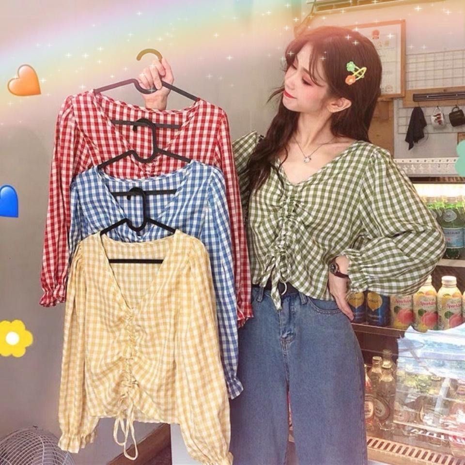 women blouse VCollar Sleeve Plaid Long Sleeve Loose Slimming Short shirts  korean shirt top College, Women's Fashion, Tops, Other Tops on Carousell