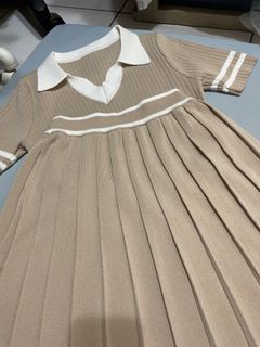正韓針織卡其性感套裝 針織百摺裙 百褶裙套裝 學院風套裝 polo衫上衣+百褶裙子 兩件式套裝