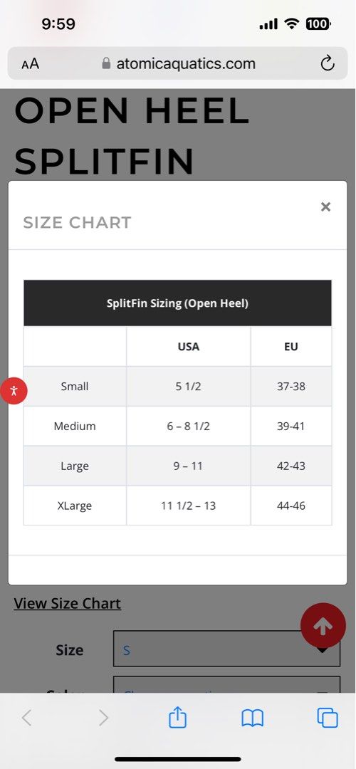 Atomic Aquatics Split Fins Open Heel size S for Scuba & Snorkeling