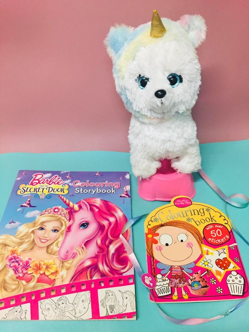 Barbie Walk Wag Puppy Unicorn Plush Toy with Books Bundle