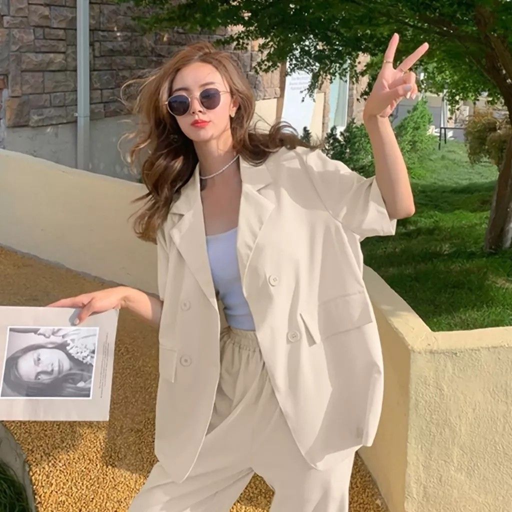 blazer korea wanita korean style chiffon casual outer broken white pastel  yellow