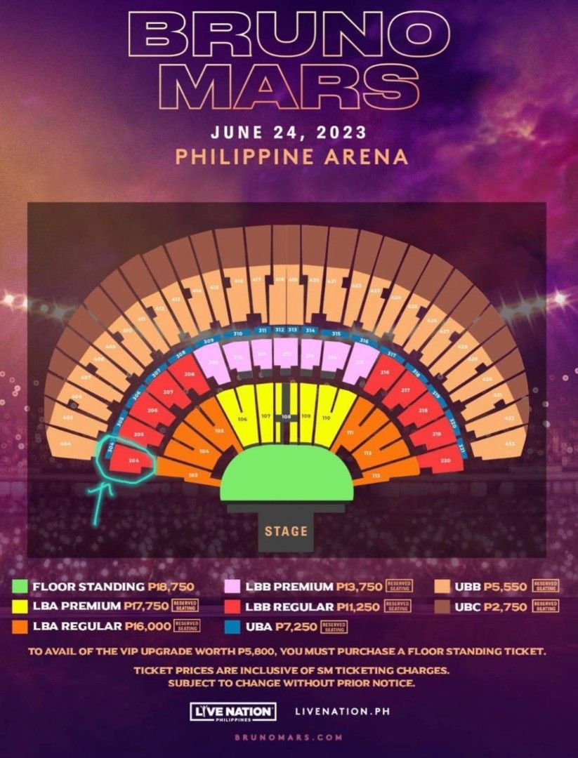 Bruno Mars (Category: Events Tickets) located in Manila. Submitted by ianpalabyab (Listing ID 1239167810, Image 2). Description: Selling 4 lower box b tickets for tonight's concert. Section 204 Rfs - one of the attendees got sick. seats 59 - 62 row 58. Only 35k for all 4. Must buy all 4 tickets..
