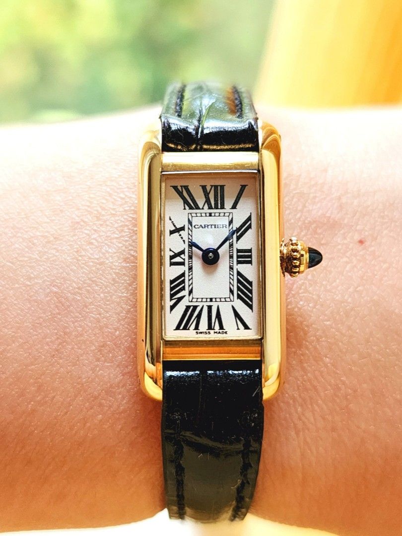 Cartier Mini Tank Allongee 18K Yellow Gold White Roman Dial Leather Strap Quartz Ladies 2443