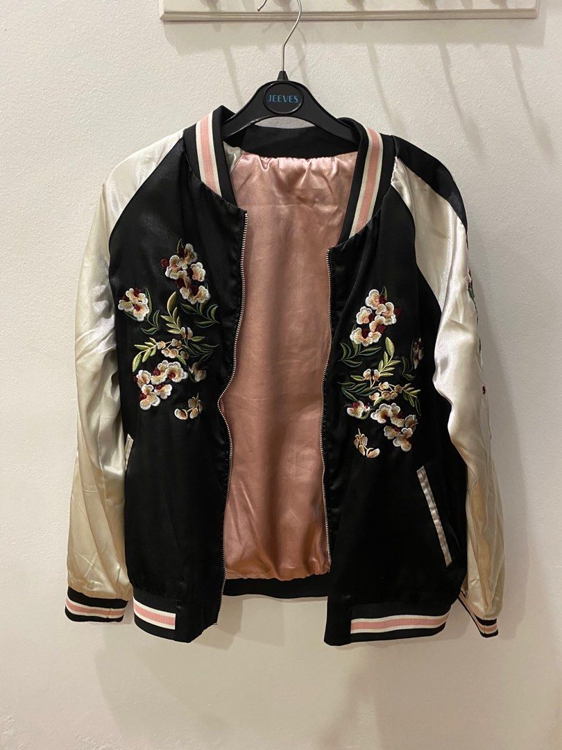 Chic Floral Dragon Bomber Jacket Asian Fashion pink silver black