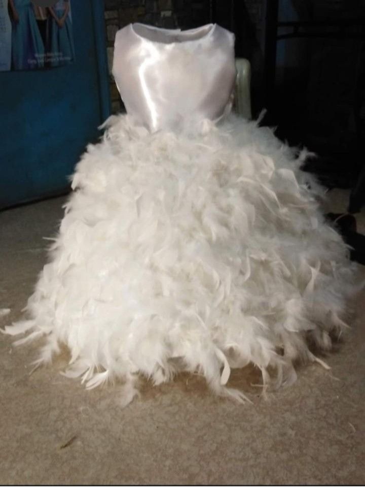 Feather Gown (Category: Babies & Kids Fashion) located in Quezon City. Submitted by WizeSpender (Listing ID 1239250446, Image 1). Description: Planning for an angel theme or swan princess birthday party? This is it! Selling my daughter's personal preloved. Used during her 1st birthday. In very good condition. Minor issue: there's a small portion na need itahi ang feather. This is due to storage. Need petticoat (NOT INCLUDED) to achieve the balloo