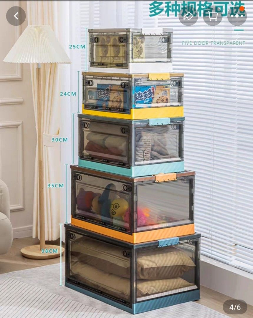 Foldable & Stackable plastic storage boxes (Category: Storage Boxes & Baskets) located in Singapore. Submitted by desiree03 (Listing ID 1239258463, Image 2). Description: Foldable when not use, stackable and with 4 wheels at the bottom Can open from top or front and back (with latches) Brand new and last pc 39 x 29.5 x 25 cm - $12.90 no box.
