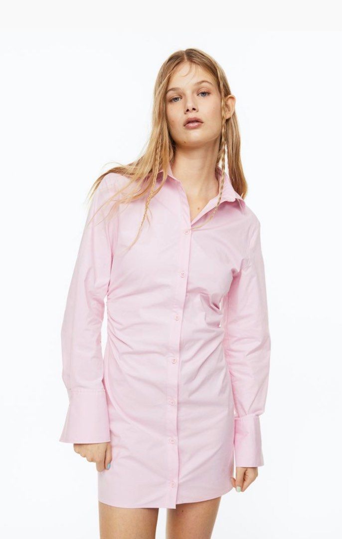 h&m pink shirt dress H&M Pink Gathered poplin shirt dress, Women's Fashion, Tops, Blouses on Carousell