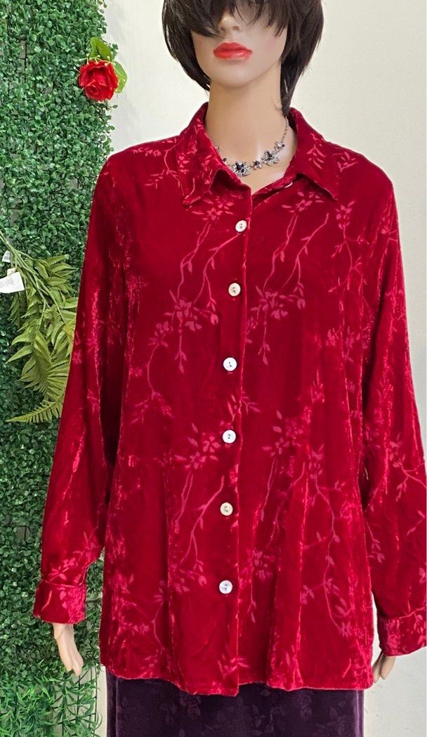 Jaclyn Smith Vintage floral embroidered velvet wine red Top, Women's