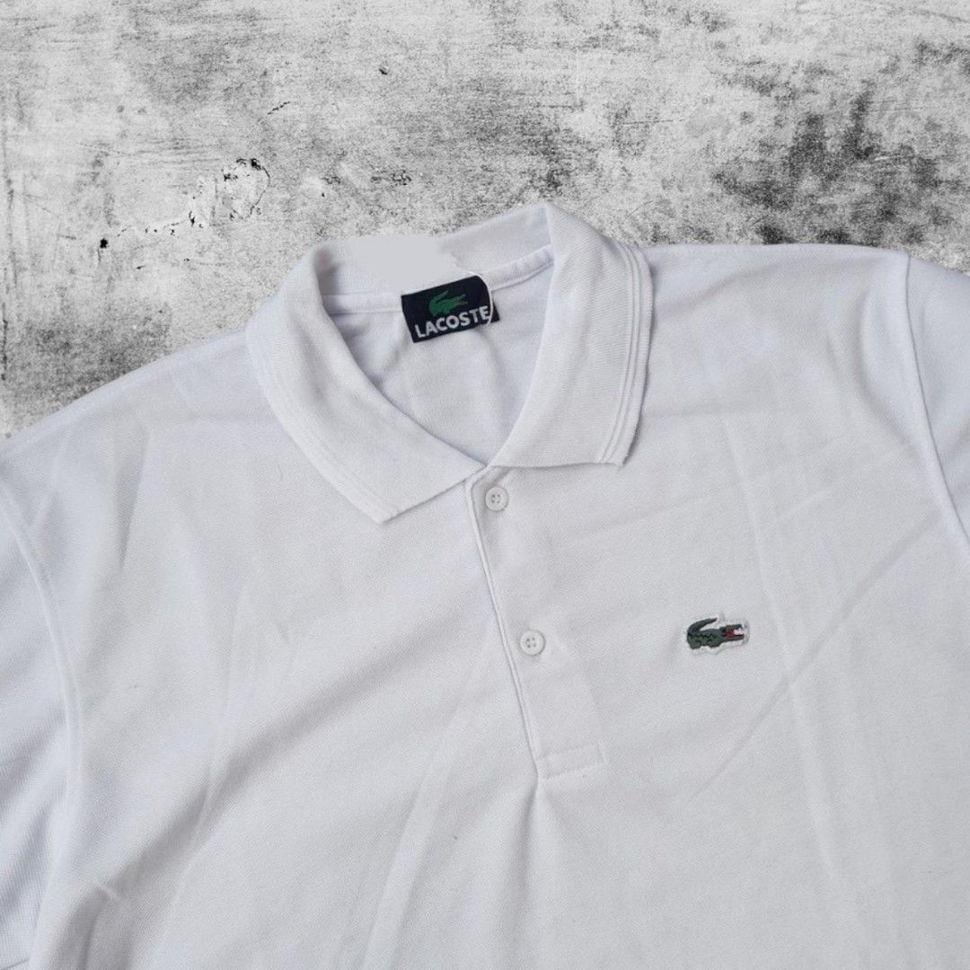 Kaos Polo Shirt Lacoste Logo Putih, Fesyen Pria, Pakaian Atasan