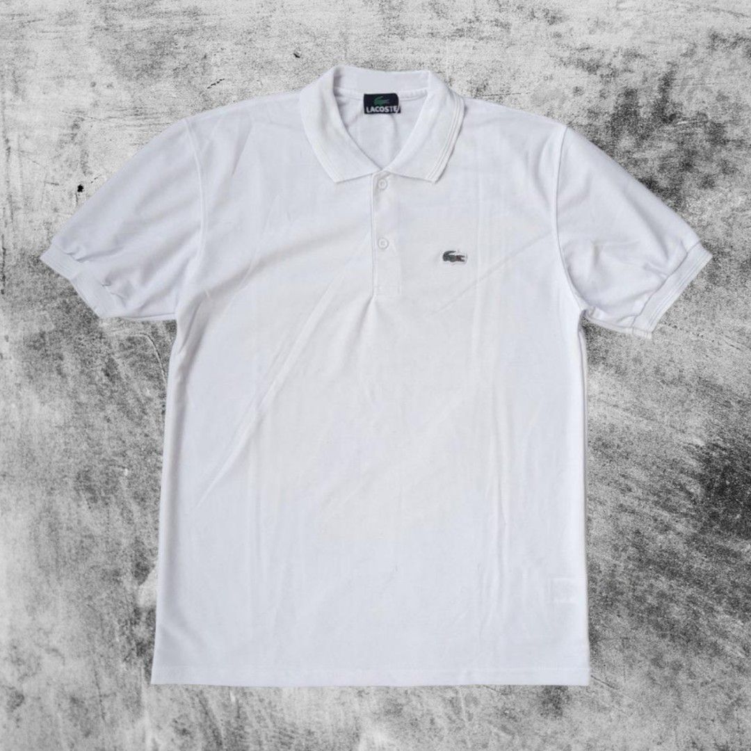 Kaos Polo Shirt Lacoste Logo Putih, Fesyen Pria, Pakaian Atasan