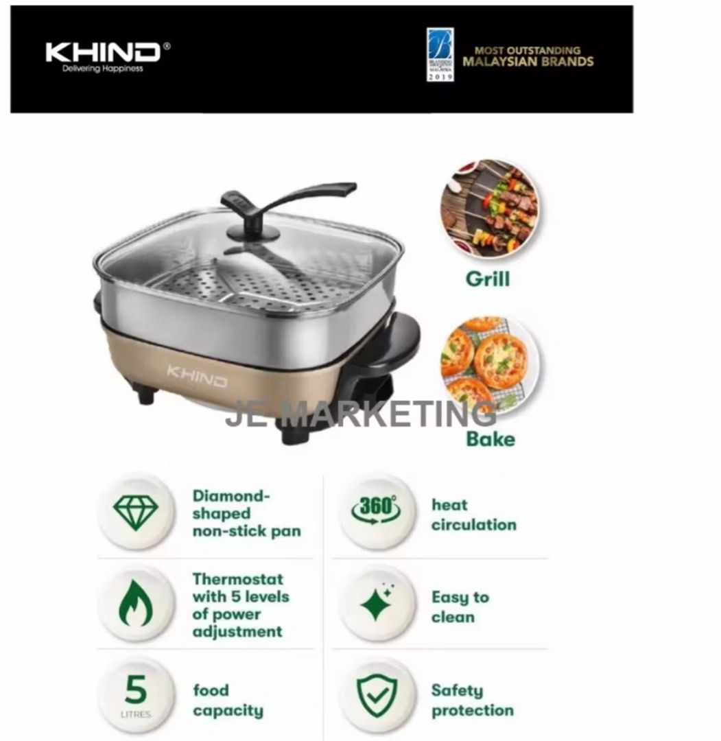 Khind Multifunction Electric Skillet Cooker Grill Steamboat Cook BBQ