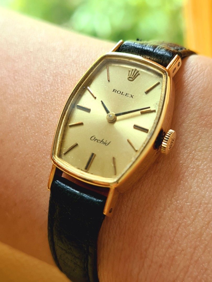 Rolex Orchid 18k Yellow Gold Black Leather Strap Vintage Ladies, Luxury