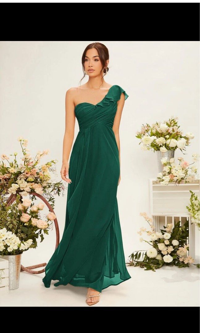 Shein Emerald Green Belle one shoulder ruffle trim long dress, Women's  Fashion, Dresses & Sets, Evening Dresses & Gowns on Carousell