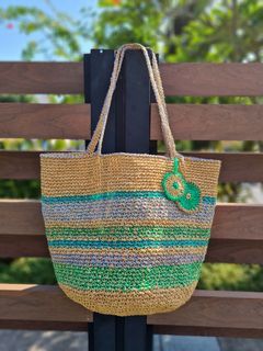 Summer Tote Bag Made W Raffia & Nylon Yarn. Size 38cmW x 35cmH
