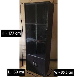 Tall high brown display cabinet shelf with sliding doors