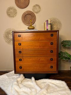 Teak MCM Tallboy dresser by RS Associates with Black Metal Pulls