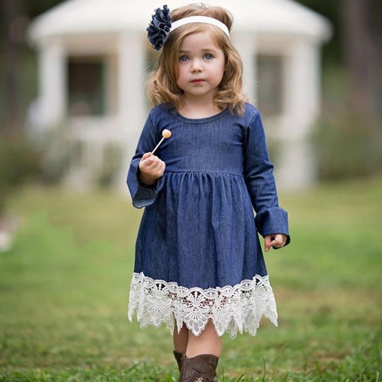 Toddler Girls Long Sleeve Lace Denim Dress 80cm 100cm Babies Kids Babies Kids Fashion on Carousell