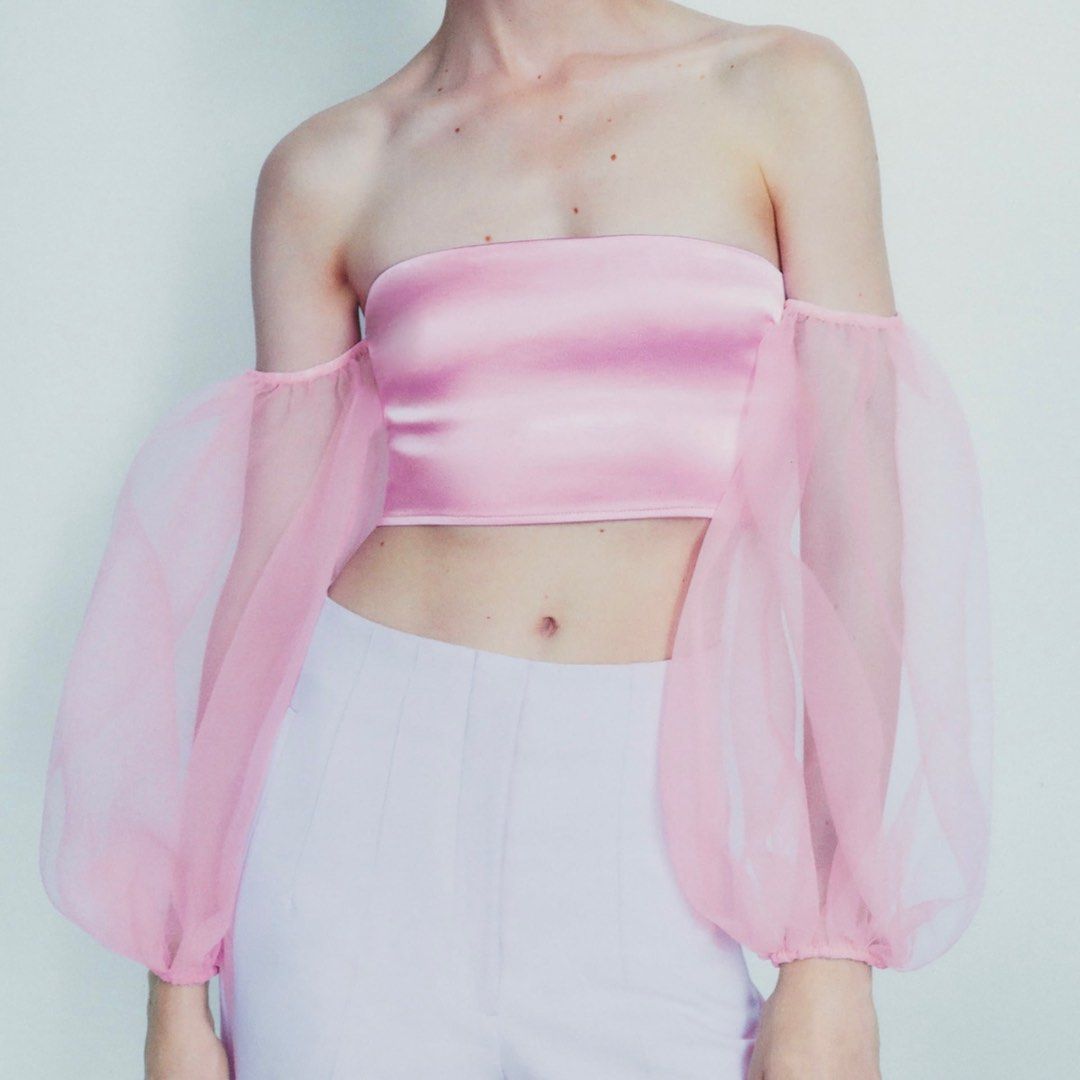 Zara Pink Organza and Satin crop top off shoulder, Women's Fashion