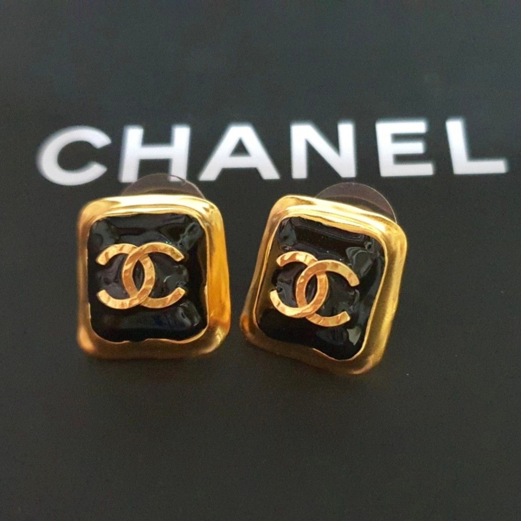 Chanel 23C Gold Black Interlocking CC Logo Classic Drop Statement Stud  Earrings