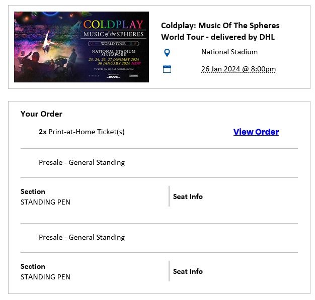 2x Coldplay Concert Tickets 26 Jan 2024 (Friday) General Standing