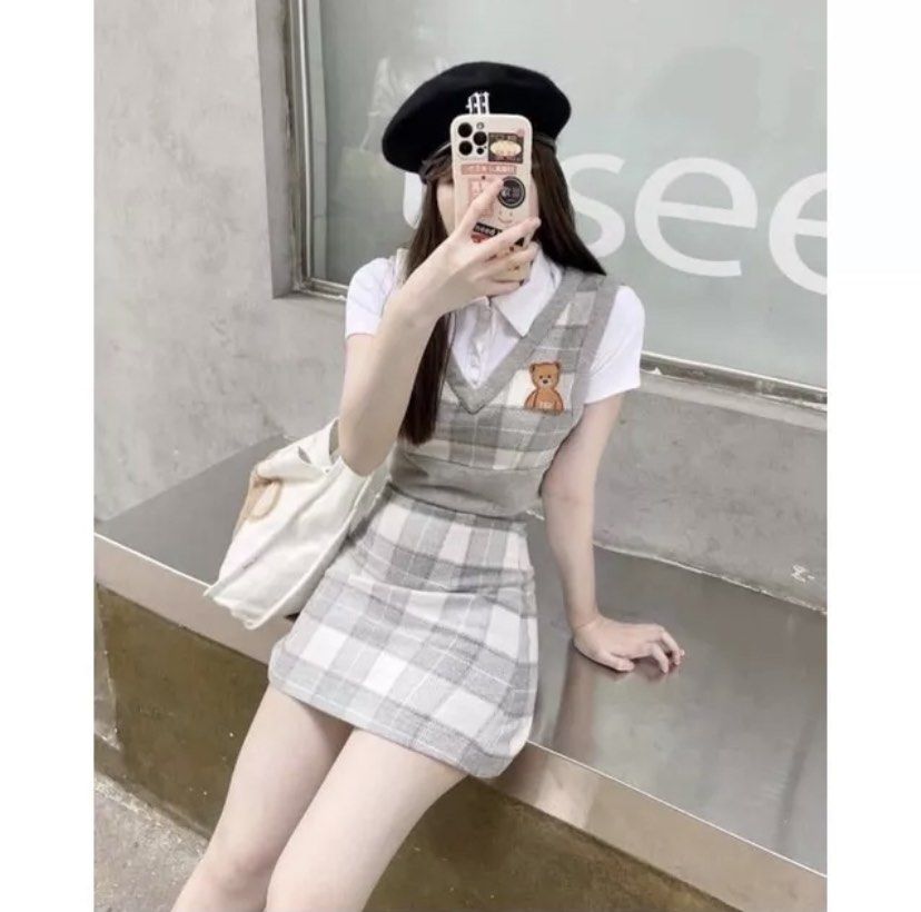 3 piece cute plaid bear set skirt shirt and sweater vest super