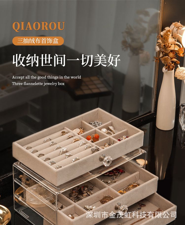 Acrylic Desktop Jewelry Box with Gray Display Racks 3 Drawers [Stock