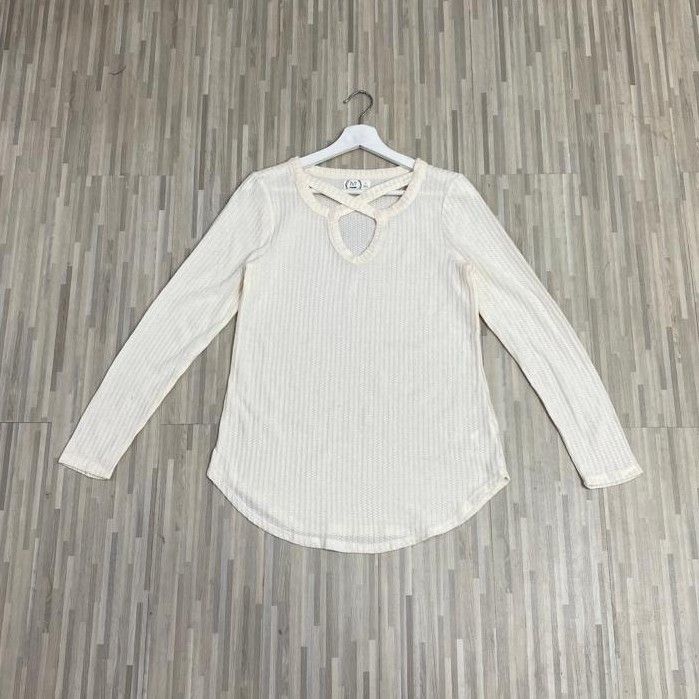 atasan lengan panjang bahan waffle depan kerah silang (MAURICE/Putih BW)