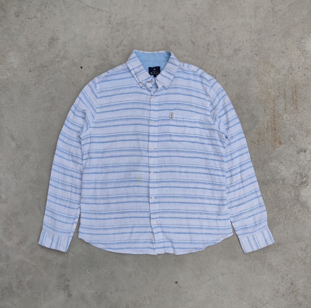 Ben Sherman Horizontal Striped Blue White Linen Rayon Shirt (Category: Formal Shirts) located in Angeles City. Submitted by ragstofade (Listing ID 1239371992, Image 1). Description: ♻️already working to get the stains out. Length 28 Chest 22 Sleeve Length 25½ Shoulder 17½.