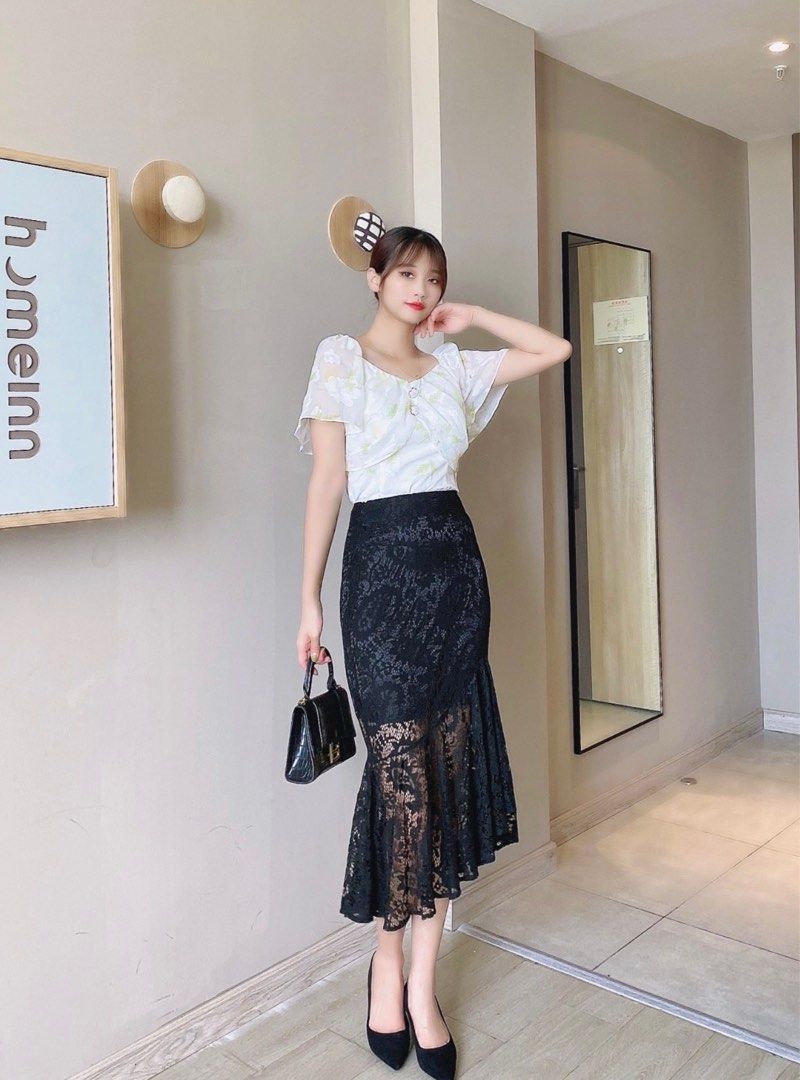 Black lace floral skirt sales
