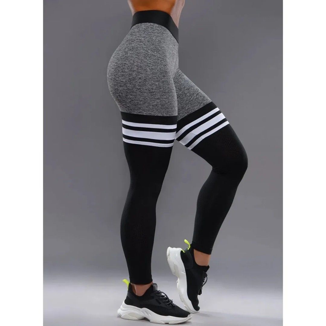bombshell knee high stripe sock leggings grey black white medium - Athletic  apparel