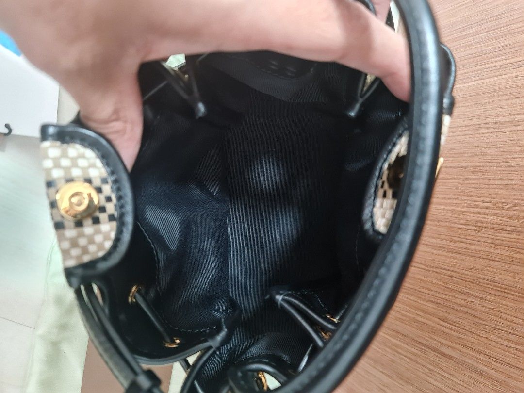 Monogram motif latticed shop leather bucket bag
