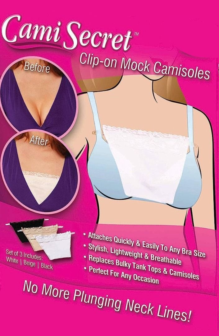 Cami Secret Clip-On Mock Camisoles Cleavage Cover (Set of 3 Black, Beige,  White), Women's Fashion, Undergarments & Loungewear on Carousell
