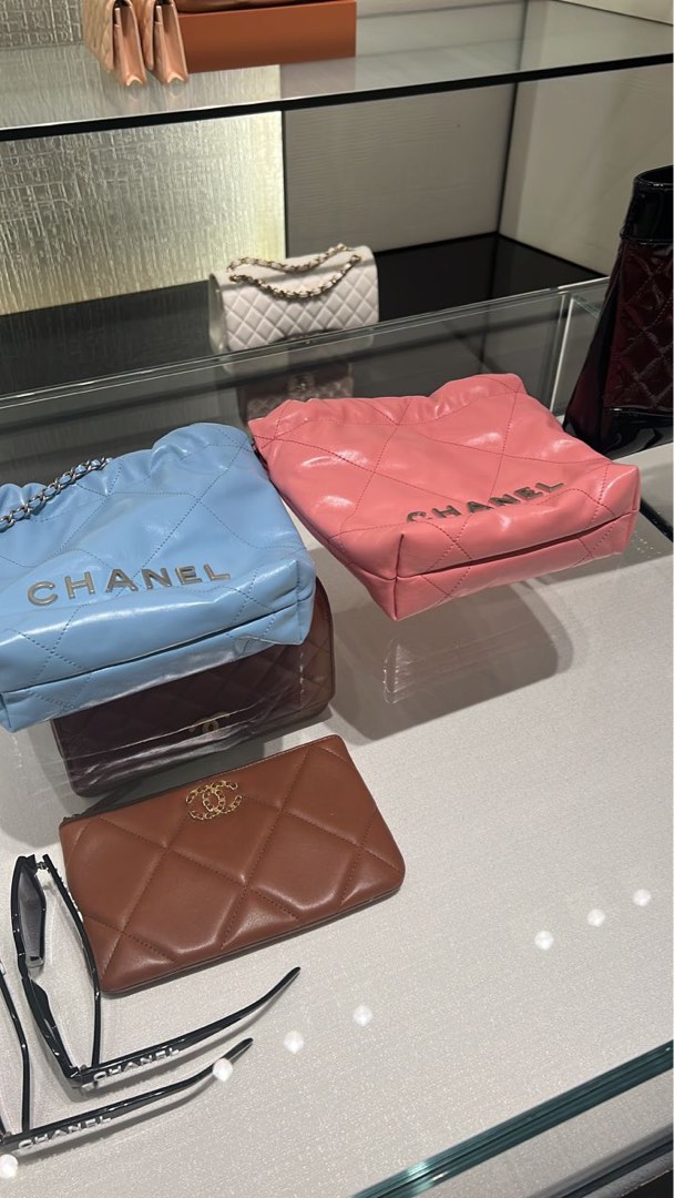 CHANEL 23S Mini 22 Light Blue Shiny Calf Skin Bag Gold Hardware