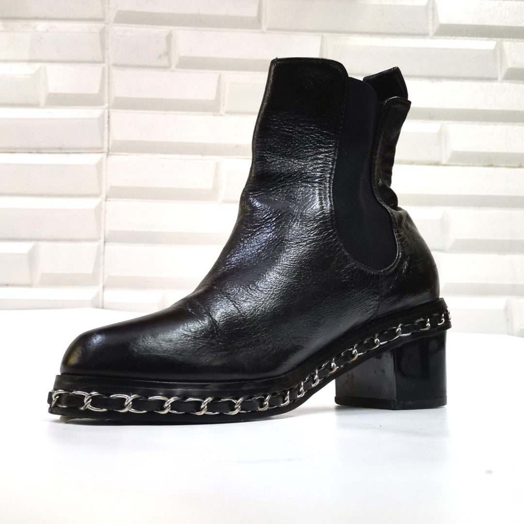 Authentic Chanel Black Patent Leather CC Logo Chain High Boots Size 36   Paris Station Shop