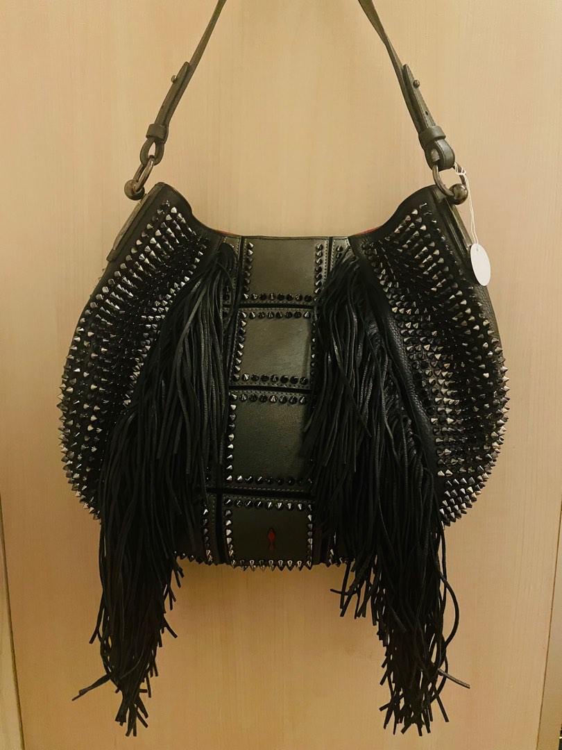 Christian Louboutin Black Spiked Leather Lucky L Fringe Hobo