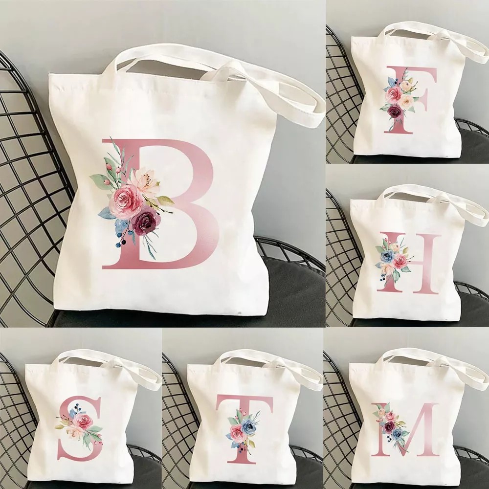Set of 2 Reusable Monogram Letter T Personalized Canvas Tote Bags for  Women, Floral Design (29 Inches)