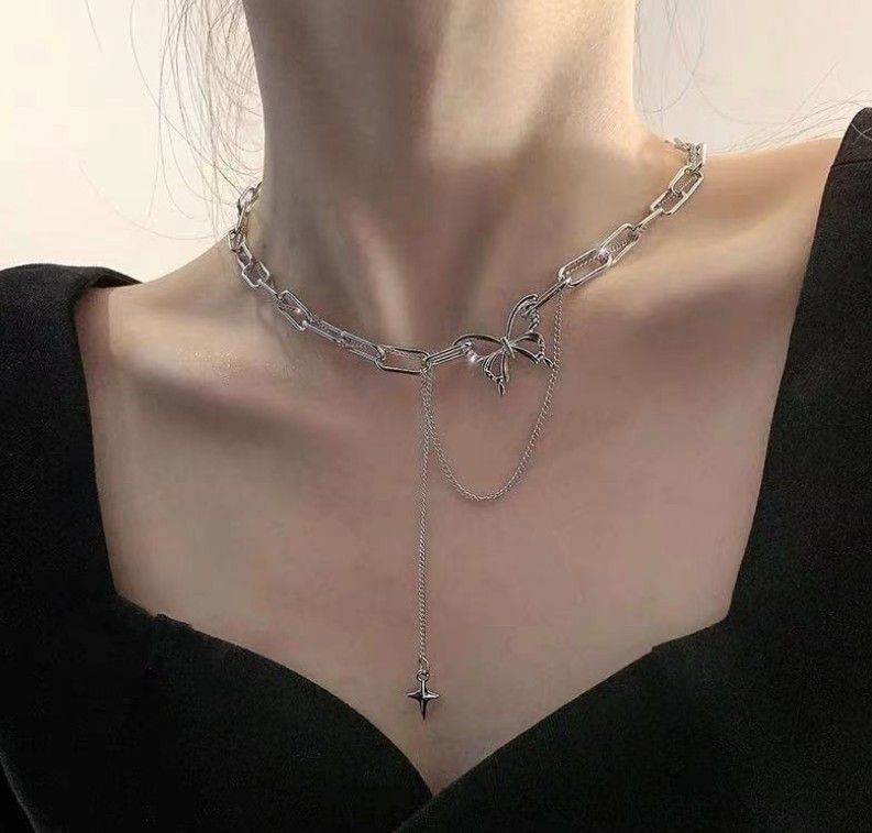 Dual Layer Silver butterfly chain link necklace Women s Fashion