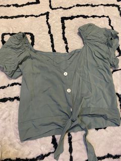 Dusty blue top button down puff sleeve