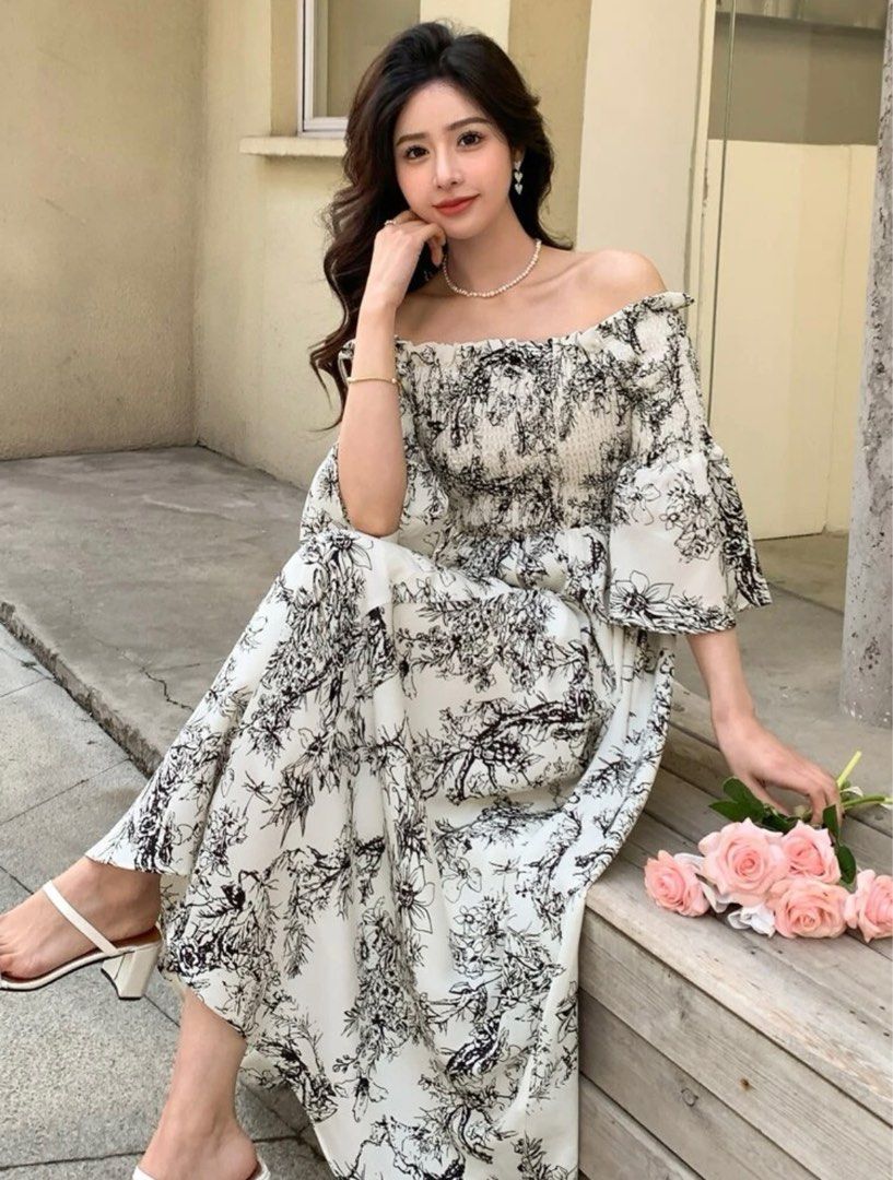 White floral off the top shoulder dress
